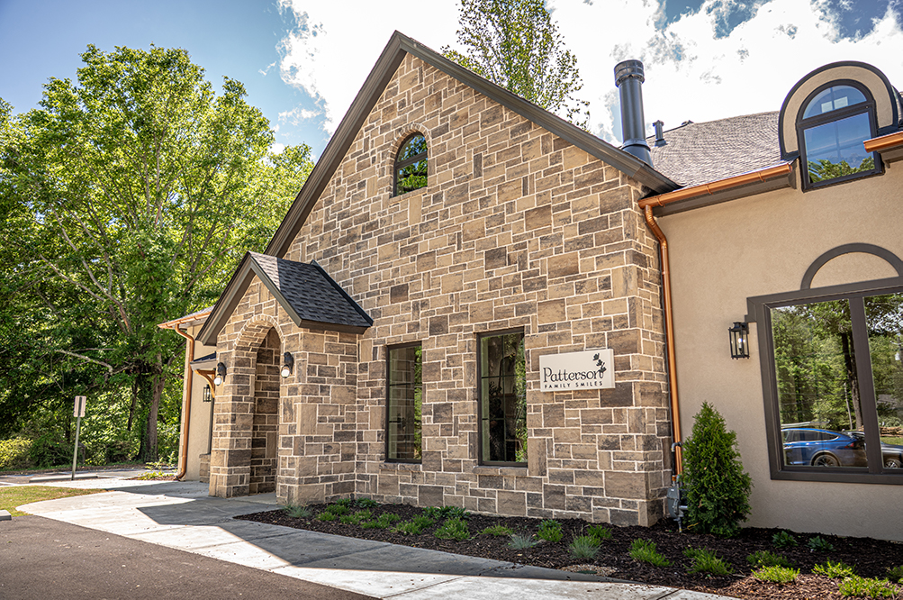 Stone exterior of the Patterson Family Smiles dental office in Clayton, GA